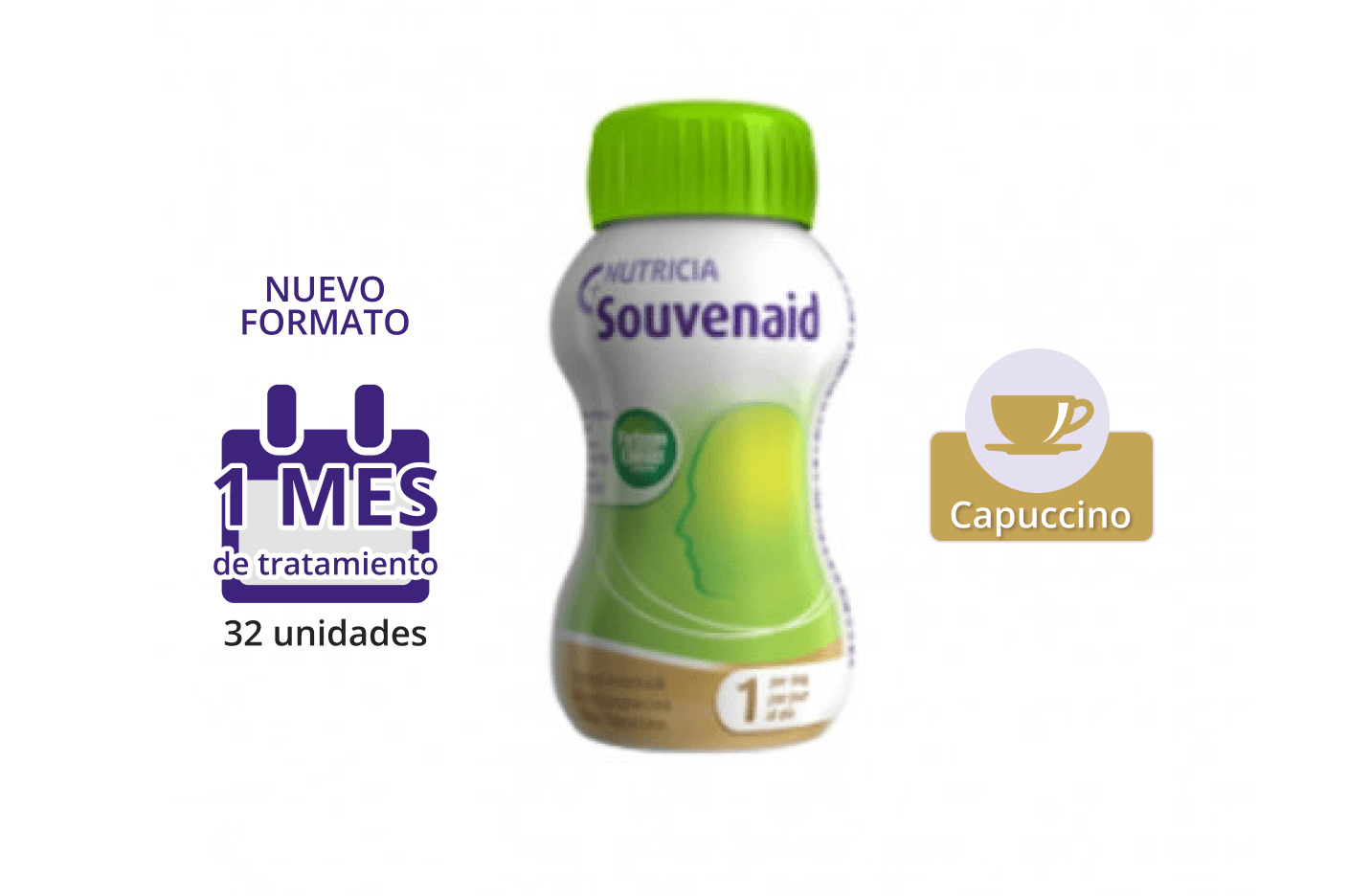 A bottle of cappuccino flavoured Souvenaid with health authority stickers.